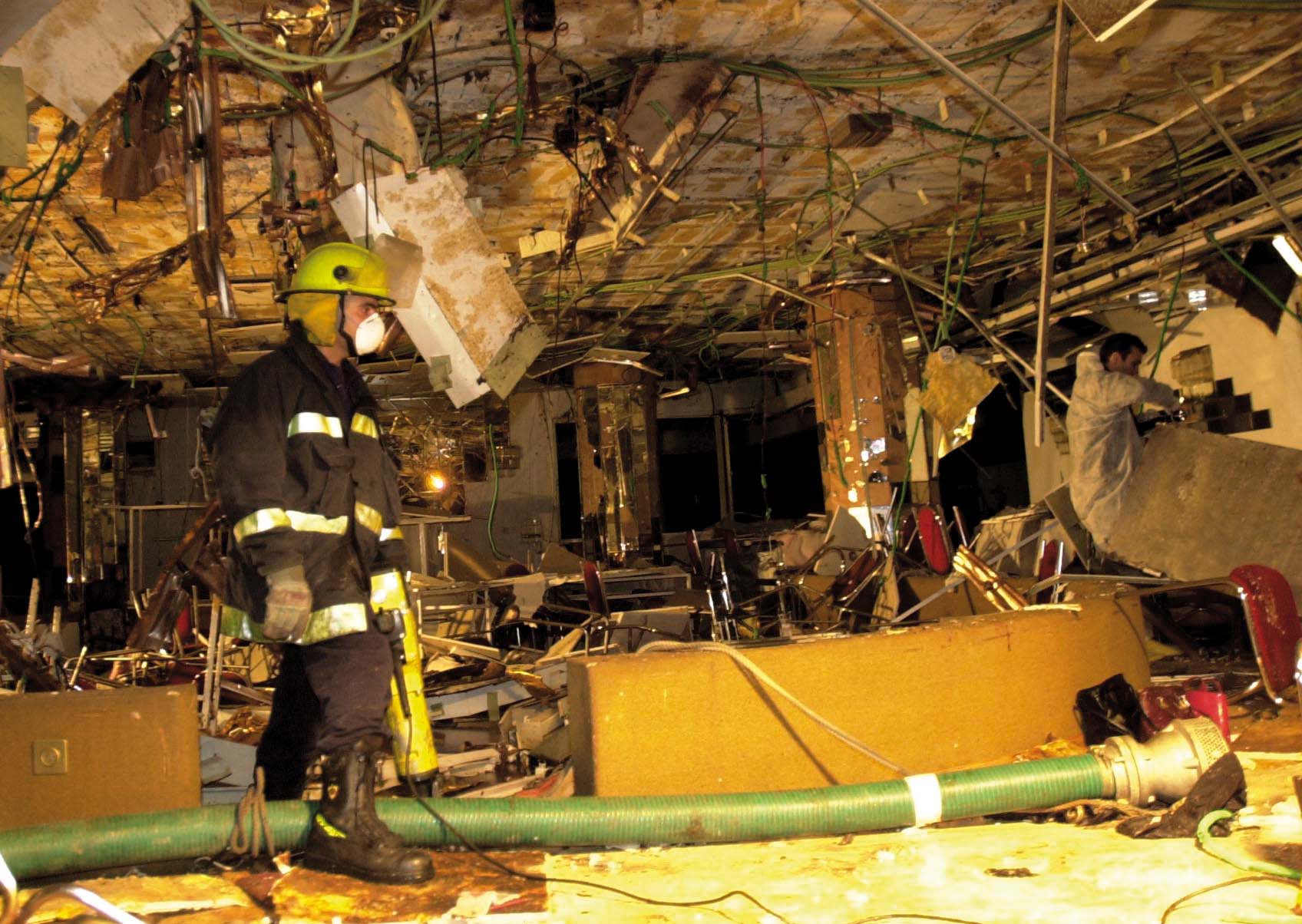 A hotel dining room in Netanya, Israel, where a Palestinian suicide bomber blew himself up among guests gathered for a Passover Seder on March 27, 2002, killing 30 Israelis and injuring 140.